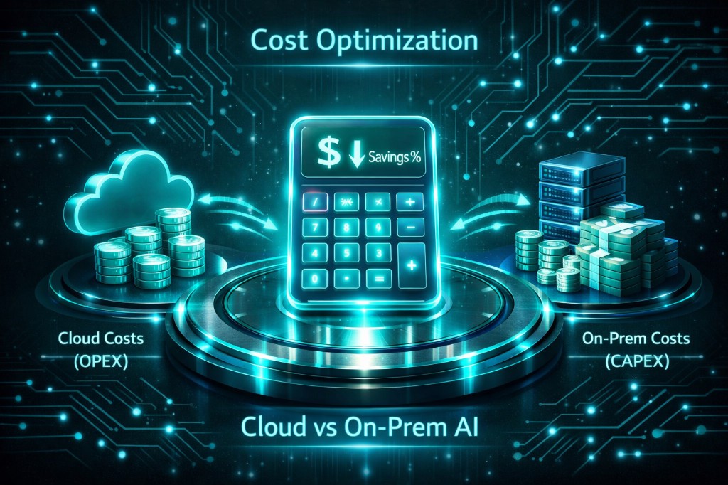 Cost optimization infographic: cloud OPEX versus on-premise CAPEX converging on a central savings calculator, labelled Cloud vs On-Prem AI.