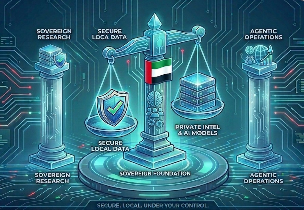 Illustration of UAE AI governance: scales of justice with Sovereign Foundation, secure local data and private AI models, flanked by Sovereign Research and Agentic Operations pillars on a digital platform.